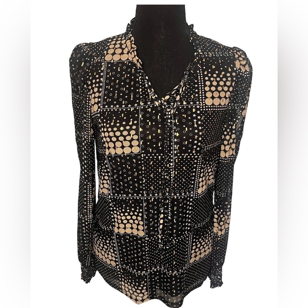 Carolyn Taylor Patchwork Dot Blouse Sz S Black Beige Gold Ruffle Geometric